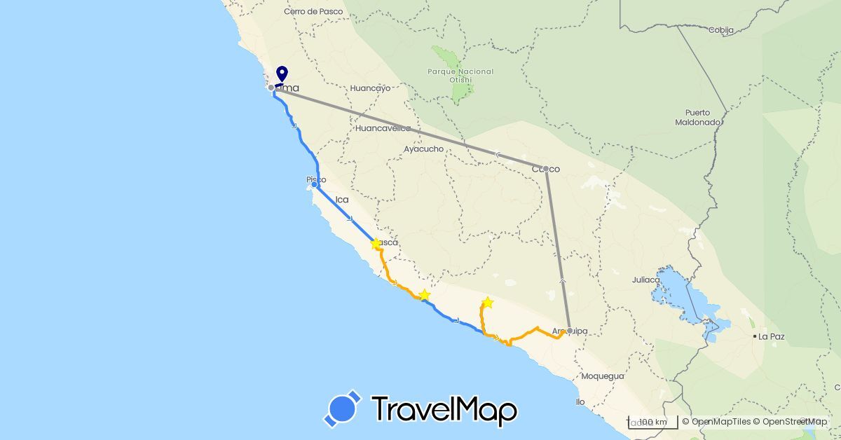 TravelMap itinerary: driving, plane, voiture (groupe sbga), voiture (hors groupe sbga) in Peru (South America)